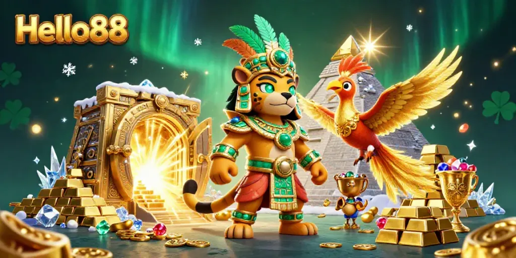 Experience thrilling moments at Hello88 with vibrant Mayan themes and rich treasures in a captivating casino scene.