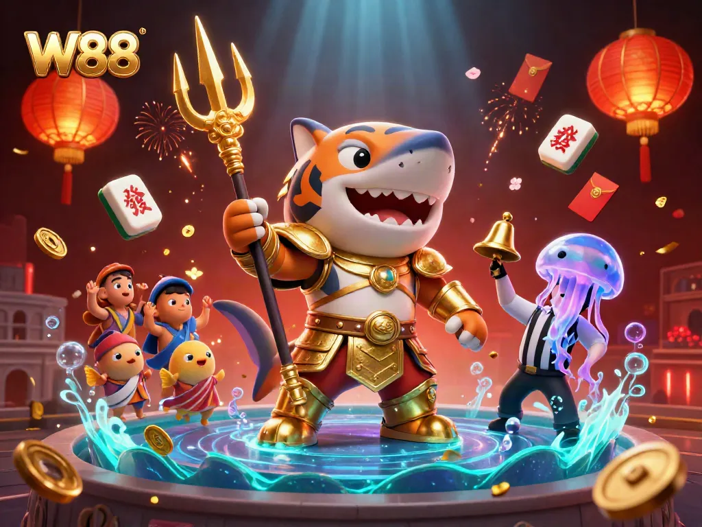 Experience thrilling gameplay at W88 with a dynamic 3D tiger shark and festive casino elements.