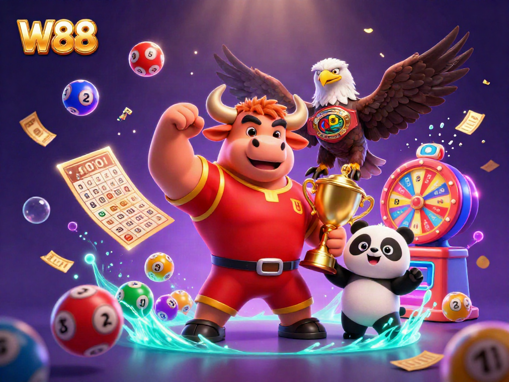 Join W88's exciting atmosphere with a vibrant 3D casino scene celebrating thrilling lottery games.
