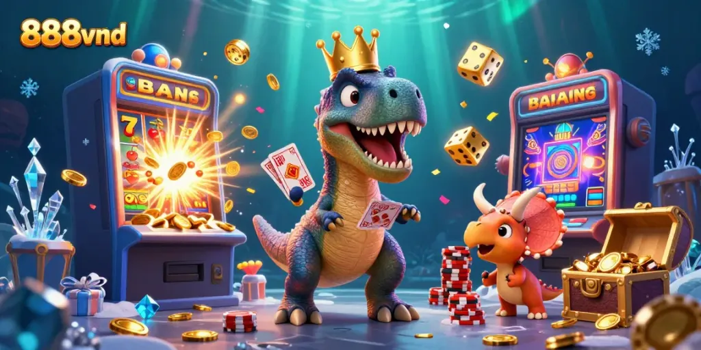 Watch the friendly T-Rex and pterodactyl assist in the exciting 888vnd casino adventure.