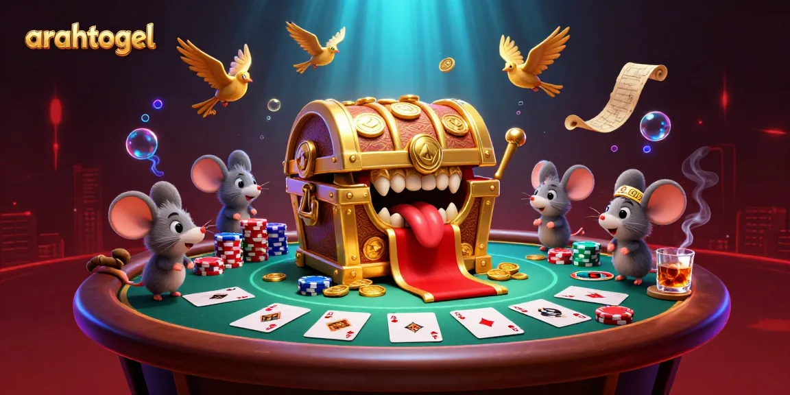 Experience thrilling gameplay with arahtogel's vibrant casino illustration showcasing golden treasures and poker excitement.