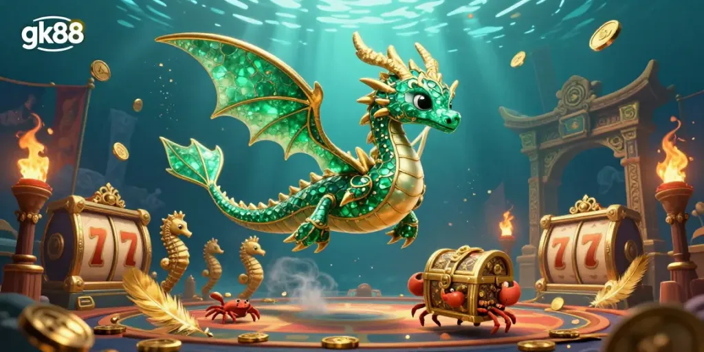 Experience the thrill of gk88 with a vibrant underwater casino scene featuring a sea dragon and treasure chest.