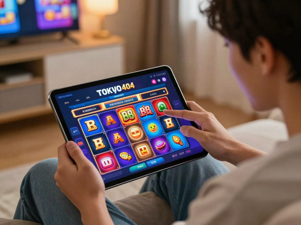Excited user exploring slot88 games on TOKYO404 platform in cozy living room.