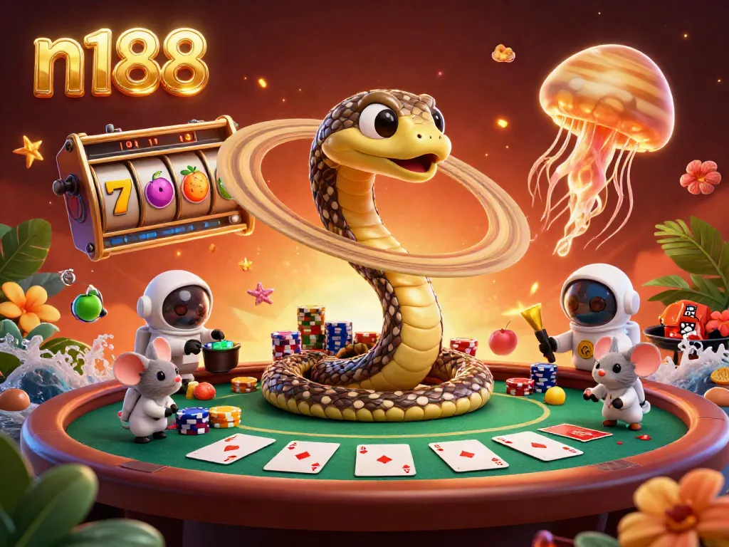 Experience the vibrant n188 gaming scene with astronaut mice betting amid swirling cosmic elements.