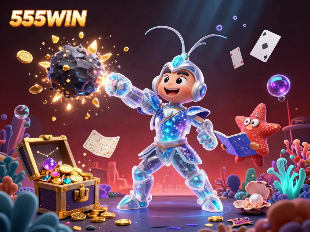 Experience excitement at 555WIN with a dynamic 3D illustration of a galactic mantis shrimp and treasure bursting with gold coins.