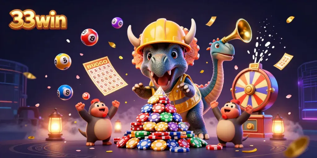33win showcases a thrilling casino scene with vibrant characters and dynamic game elements.