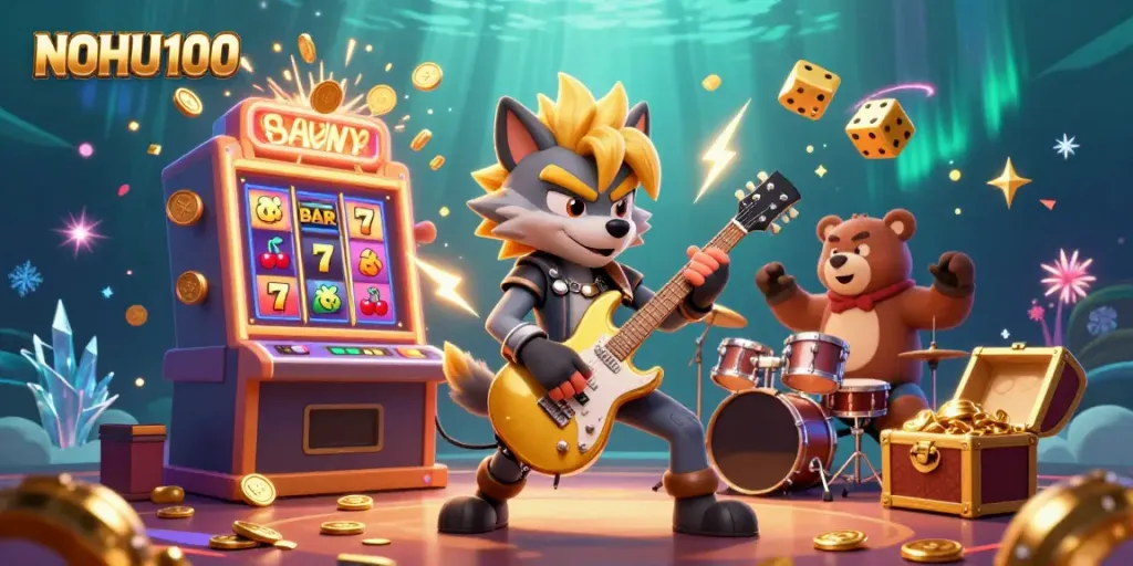 Experience the excitement of NOHU100 with a lively casino scene featuring a rock star wolf and a drummer bear.