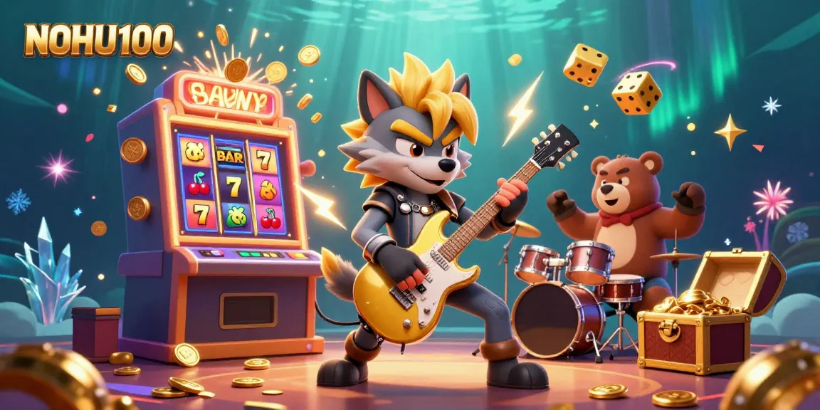 Experience the excitement of NOHU100 with a lively casino scene featuring a rock star wolf and a drummer bear.