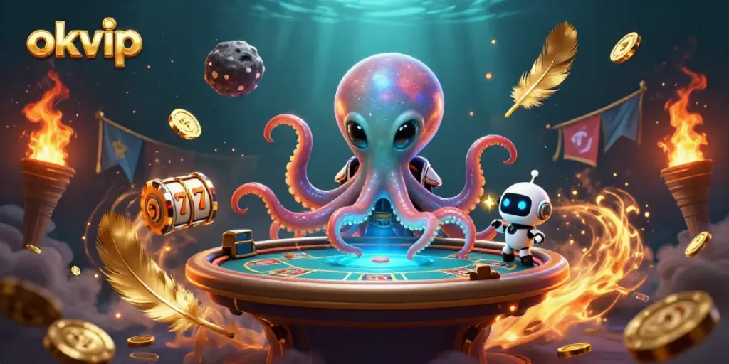 Engage with thrilling okvip gameplay as a cosmic octopus deals poker at an interstellar casino.