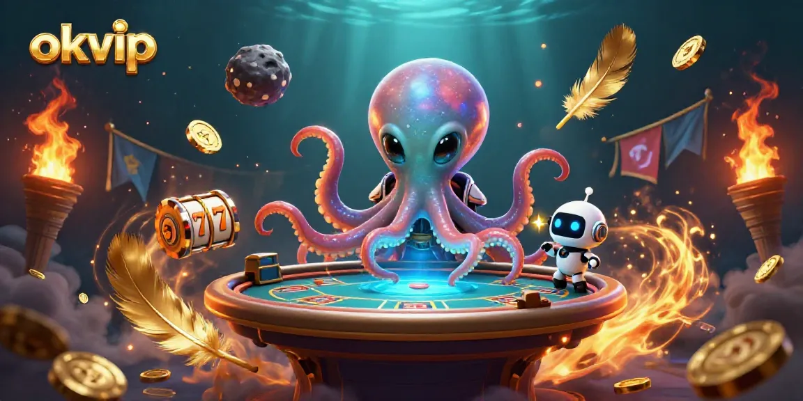 Engage with thrilling okvip gameplay as a cosmic octopus deals poker at an interstellar casino.