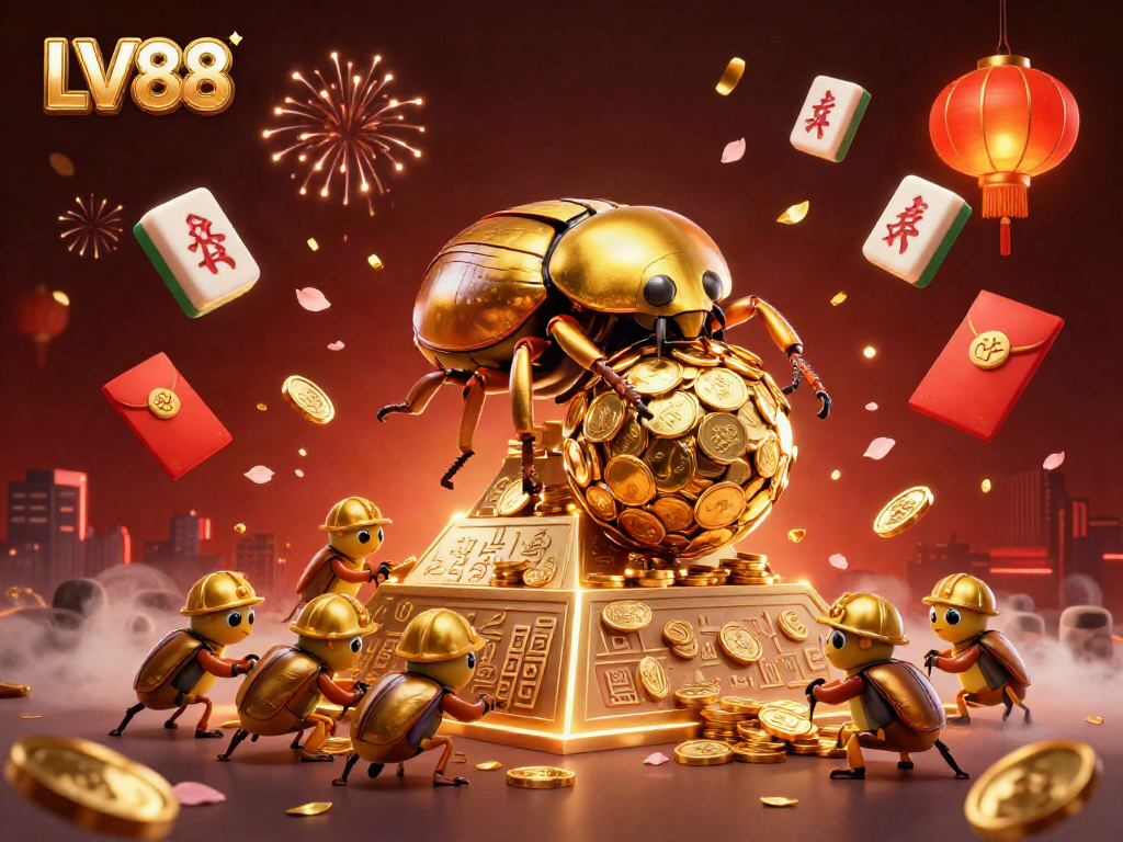 Experience the thrill of LV88 casino as a golden beetle navigates towards riches amid vibrant fireworks.