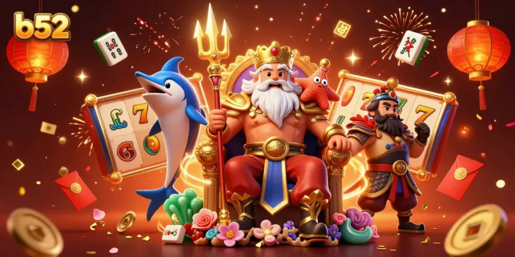 Engage in exhilarating casino action with b52, featuring Neptune and vibrant slot reels.