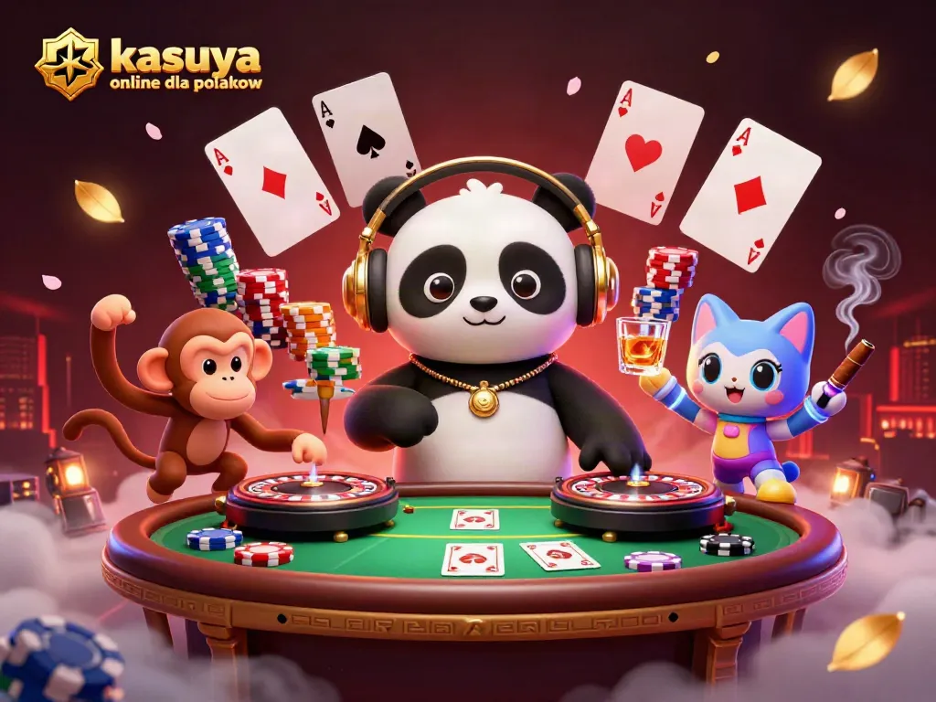 Engage in thrilling gameplay at kasyna online dla polakow with poker chips, cards, and dancing characters illuminating the scene.
