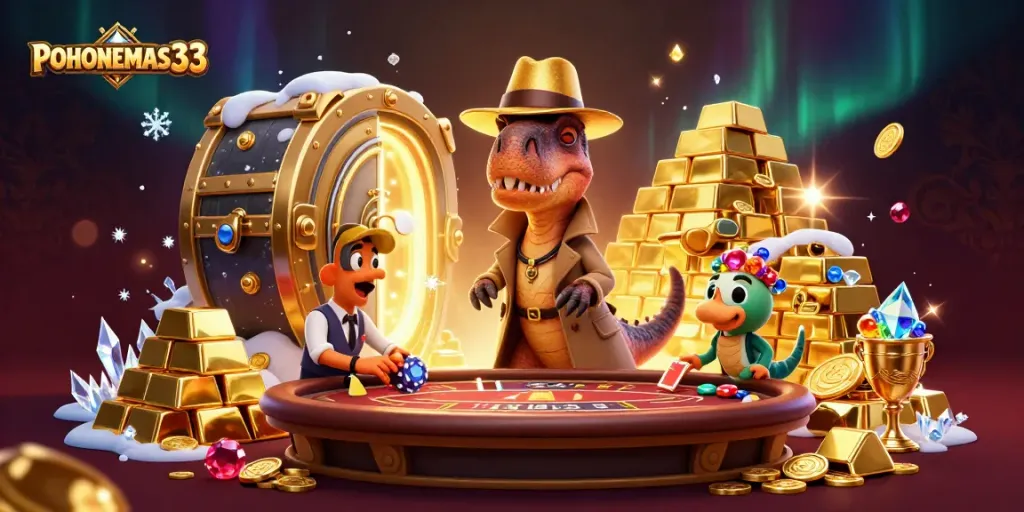 Ilustrasi 3D POHONEMAS33 dengan velociraptor di meja blackjack dikelilingi harta karun dan efek berkilau.