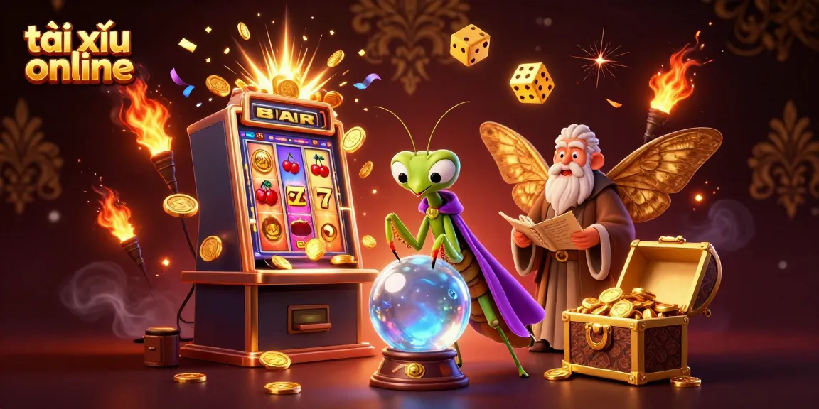 Engage in tài xỉu online with a vibrant 3D illustration of mystical characters interacting with casino elements.