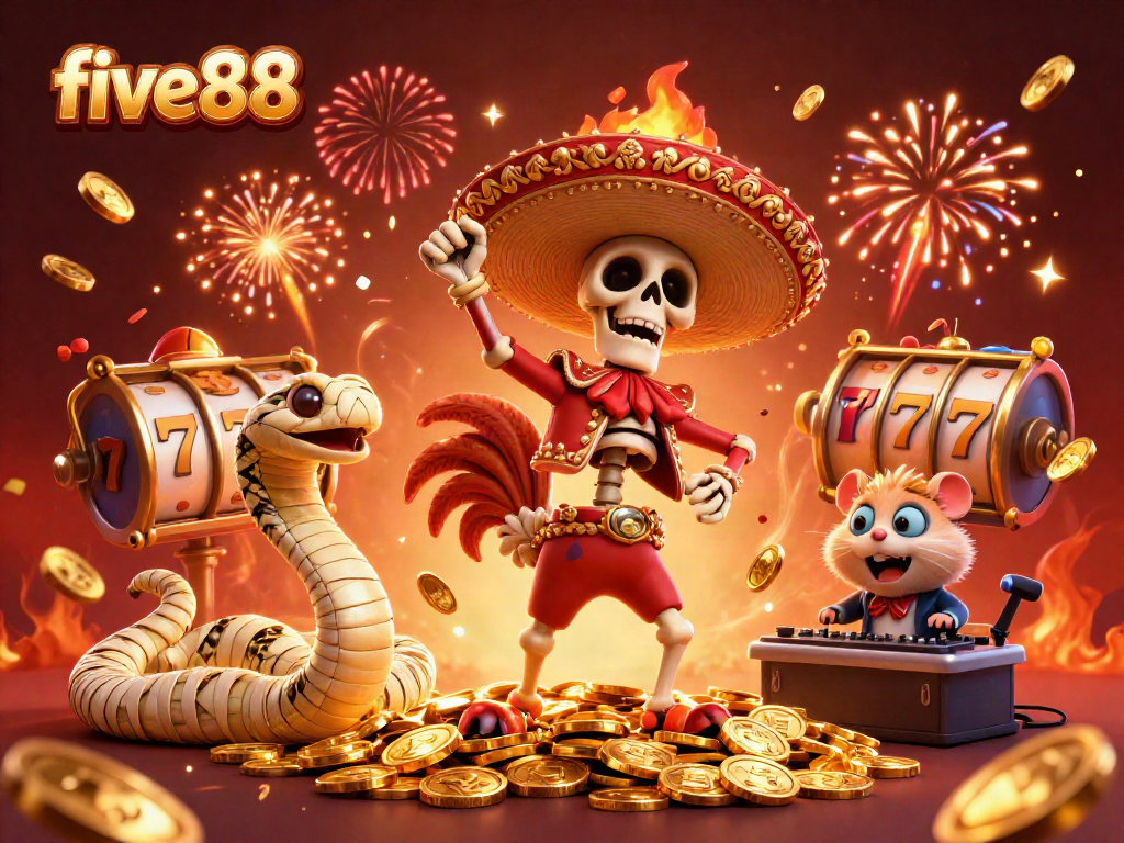 Experience the excitement of five88 with a vibrant casino scene showcasing a mariachi rooster and gold coins.