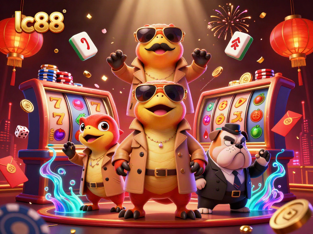 Experience excitement with lc88, as cartoon raptors hilariously attempt VIP casino entry amidst vibrant gaming elements.