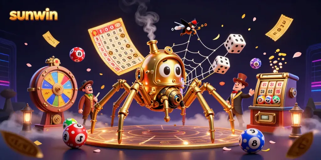 Engage in thrilling luck as the sunwin spider weaves its golden web amidst colorful lottery elements and dynamic casino game features.