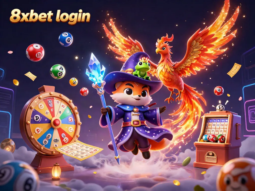 Experience 8xbet login excitement with mystical characters and dynamic casino elements in this vibrant illustration.