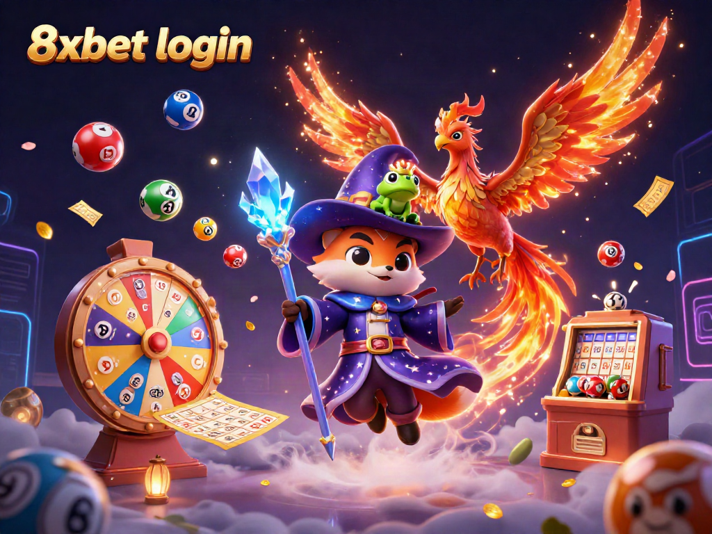 Experience 8xbet login excitement with mystical characters and dynamic casino elements in this vibrant illustration.