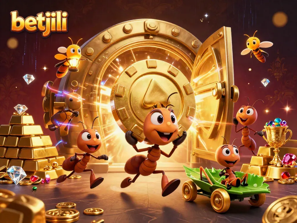 Experience excitement with betjili as ants run a heist carrying a giant poker chip in a vibrant casino scene.