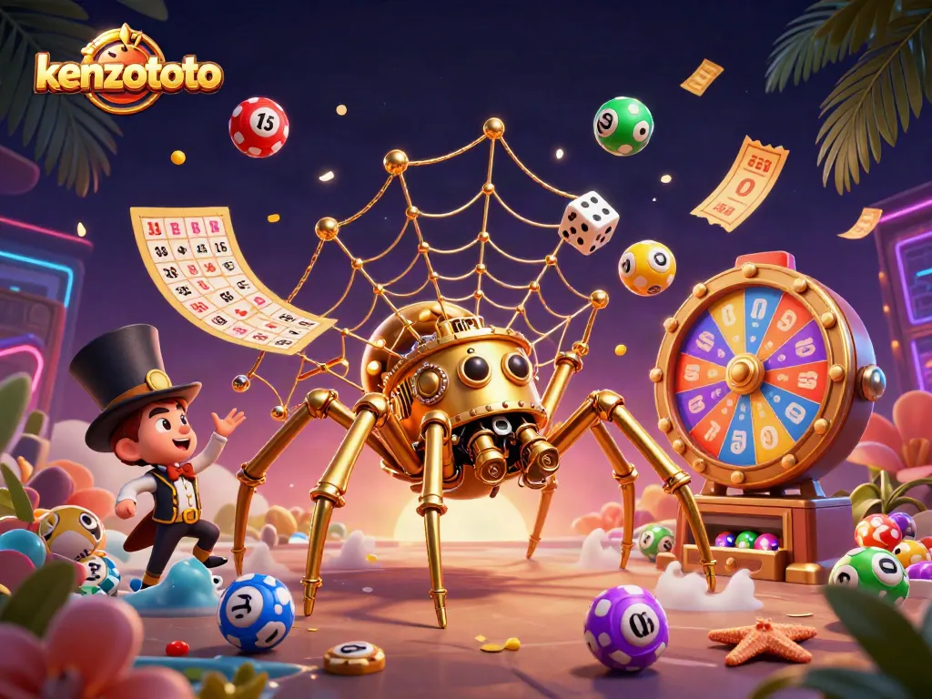 Engage with kenzototo's thrilling casino gameplay featuring vibrant lottery elements and an enchanted steampunk spider.