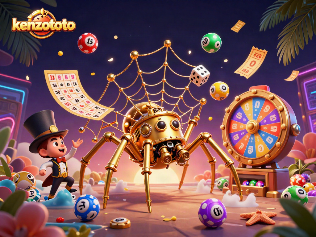 Engage with kenzototo's thrilling casino gameplay featuring vibrant lottery elements and an enchanted steampunk spider.