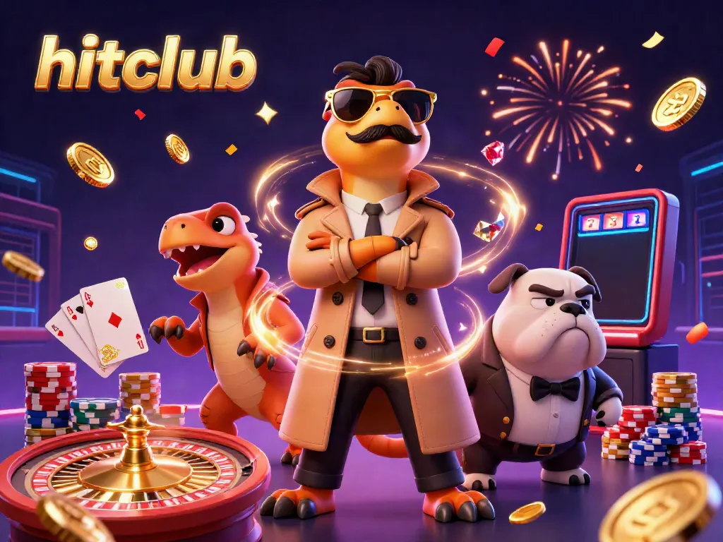 Hitclub raptors in trench coat entering casino lounge with shiny coins and gems in vibrant scene.