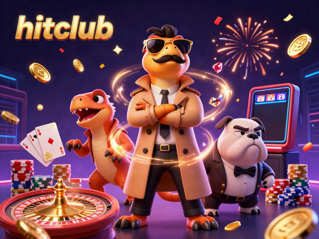 Hitclub raptors in trench coat entering casino lounge with shiny coins and gems in vibrant scene.