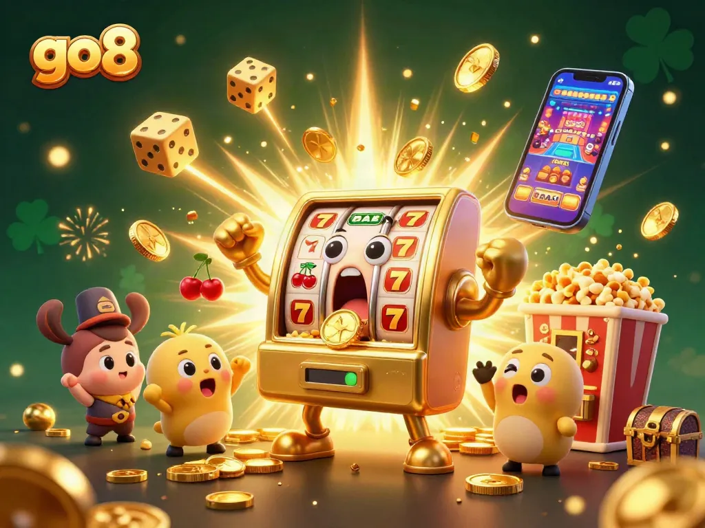 Go8 themed slot machine hitting a jackpot, surrounded by cheering machines and dynamic casino elements.