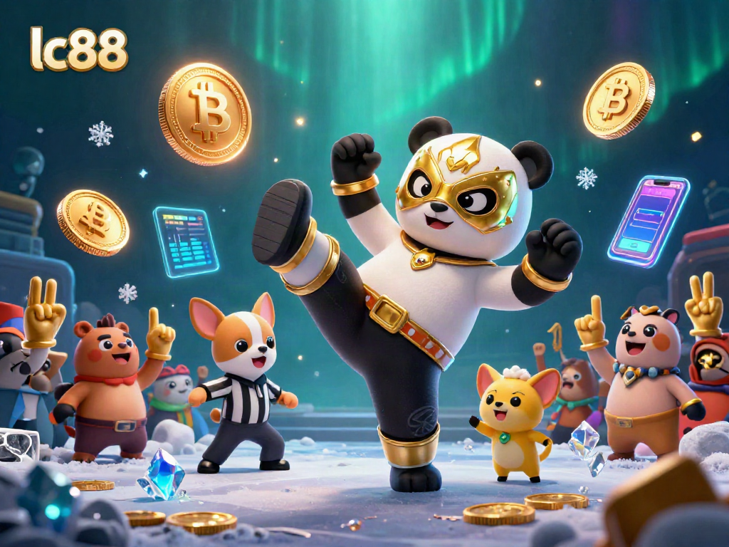 Experience the lc88 thrill with a lively scene of a panda wrestler and chihuahua referee in a vibrant crypto-inspired casino.