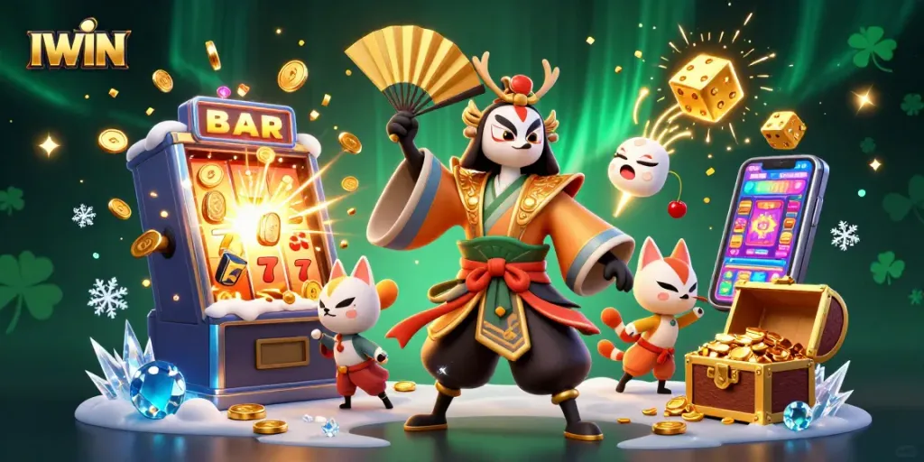 IWIN slots action scene with kabuki warrior and kitsune mask under jackpot explosion and glowing coins
