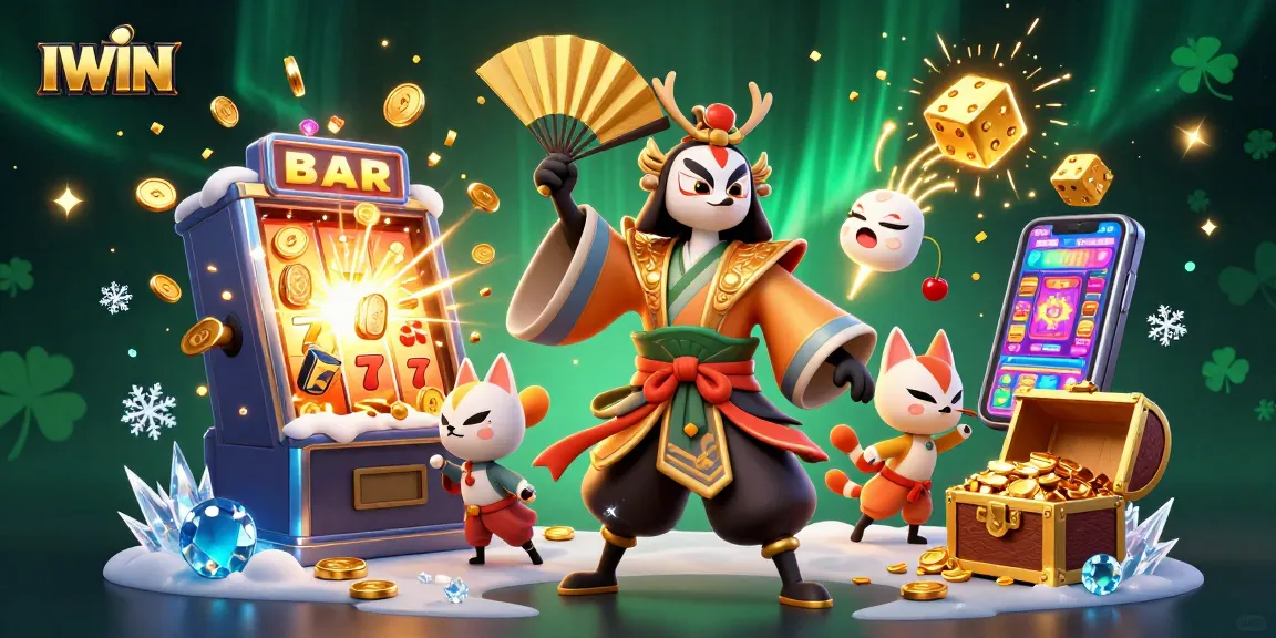 IWIN slots action scene with kabuki warrior and kitsune mask under jackpot explosion and glowing coins
