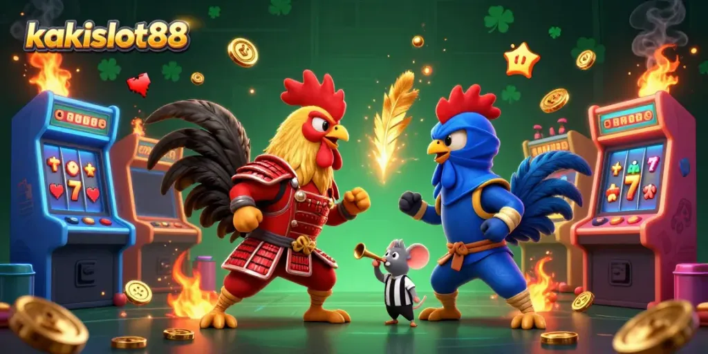 kakislot88 menghadirkan pertarungan dramatis antara ayam jantan dengan armor samurai dan ninja di arena permainan.