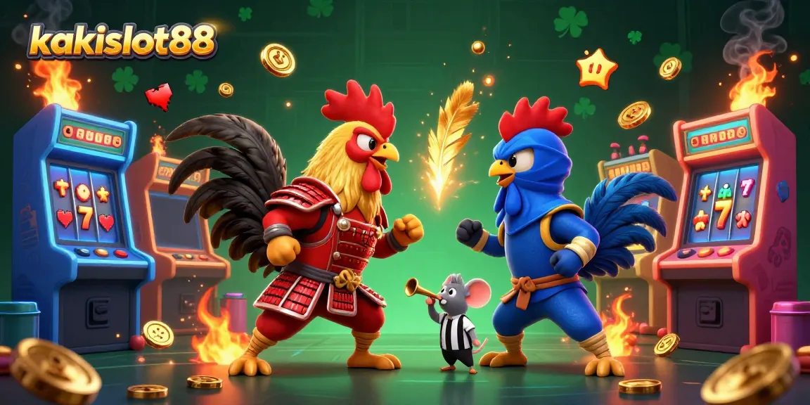 kakislot88 menghadirkan pertarungan dramatis antara ayam jantan dengan armor samurai dan ninja di arena permainan.