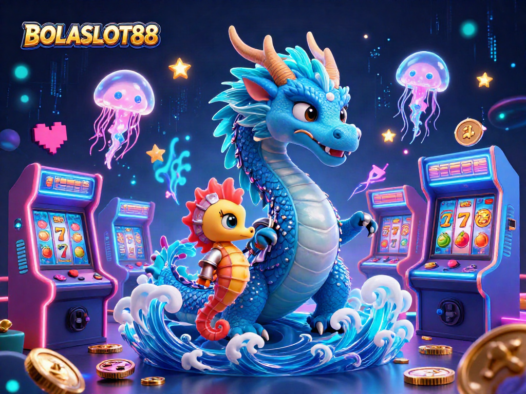 BOLASLOT88 showcases a vibrant scene with a dragon, seahorse knight, and arcade elements in a casino setting.