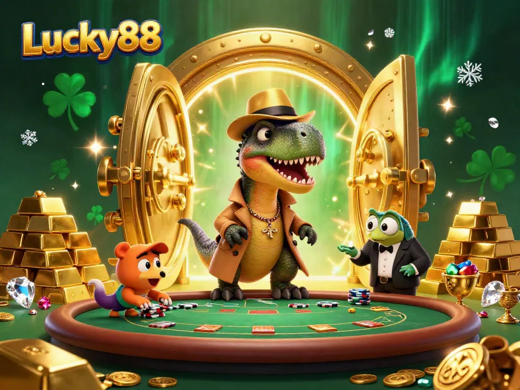 Experience thrilling gameplay at Lucky88 with a cartoon velociraptor card counter and stegosaurus pit boss at a blackjack table surrounded by treasure.