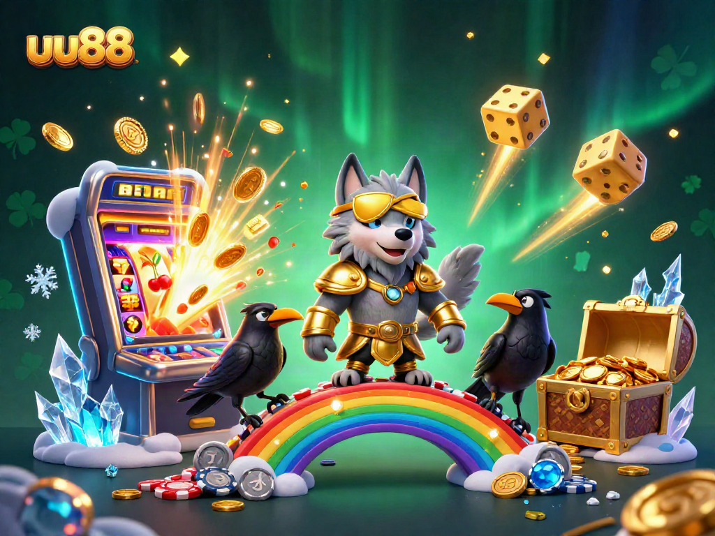 Discover thrilling uu88 gaming adventures with Odin and his ravens amidst a vibrant casino scene.