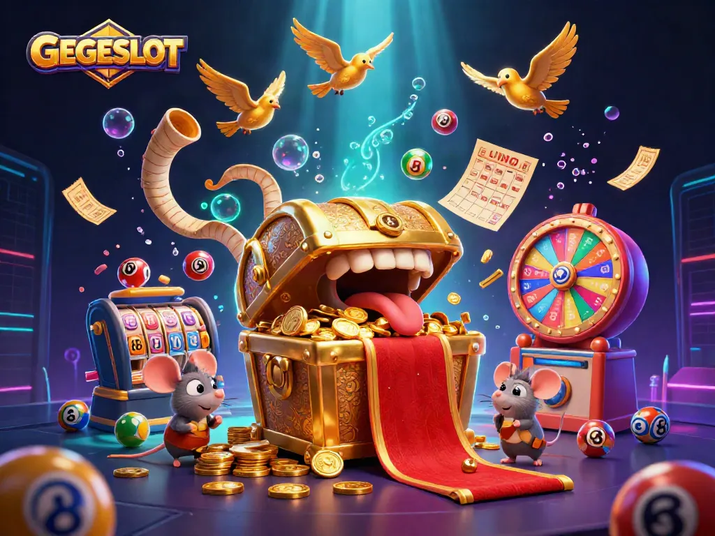 Engage with GEGESLOT's captivating gaming scene featuring dynamic slot reels and vibrant lottery elements