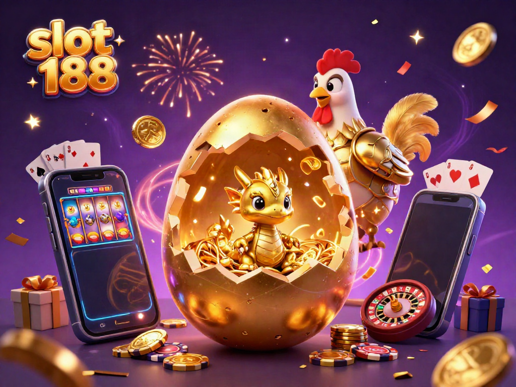 Raih kemenangan dengan slot 188, ilustrasi 3D anak naga emas dan permainan slot mengelilinginya.