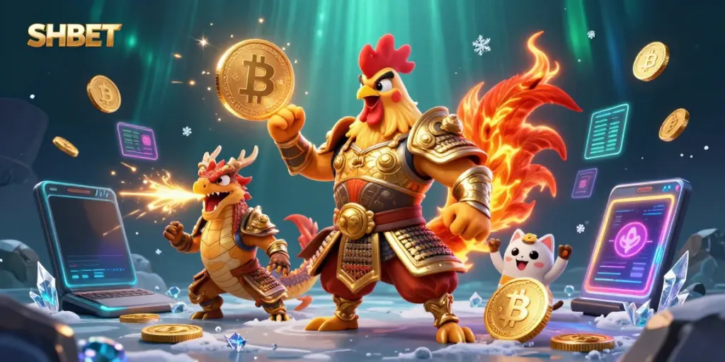 Engage with SHBET's exhilarating environment, featuring a fighting rooster, dragon hatchling, and fortune cat in an electrifying casino backdrop.