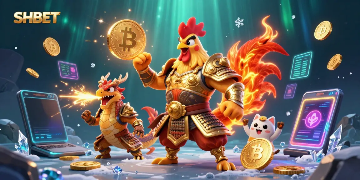 Engage with SHBET's exhilarating environment, featuring a fighting rooster, dragon hatchling, and fortune cat in an electrifying casino backdrop.