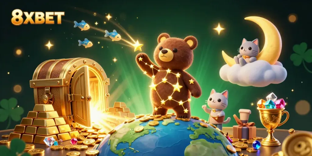 8XBET constellation bear scoops coins surrounded by treasures and characters, promoting vibrant online gaming.