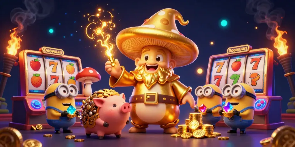 Doomuan showcases a magical 3D wizard scene that transforms gaming magic into golden treasures, combined with vibrant slot reels.
