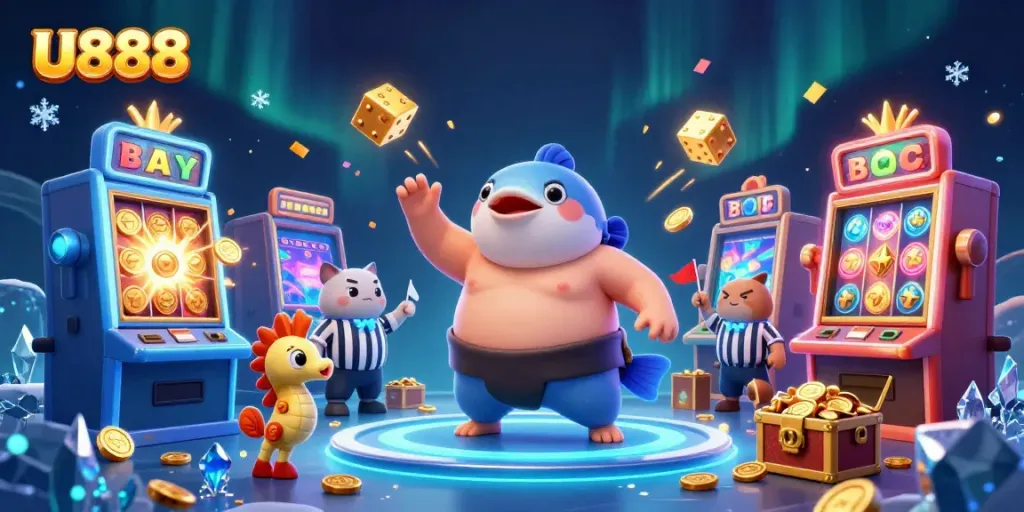 Get ready for fun at U888 with a dynamic underwater casino scene featuring a festive 3D blowfish.