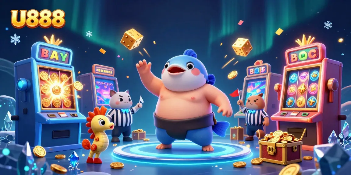 Get ready for fun at U888 with a dynamic underwater casino scene featuring a festive 3D blowfish.