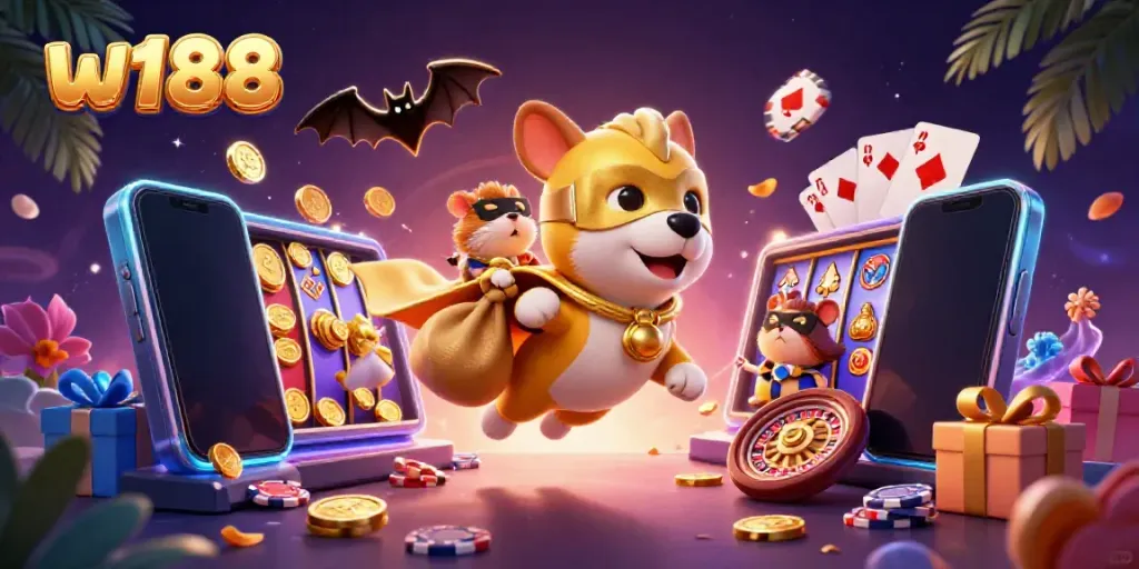 Experience thrilling online gaming with the w188 superhero dog carrying gold coins, surrounded by vibrant casino elements.