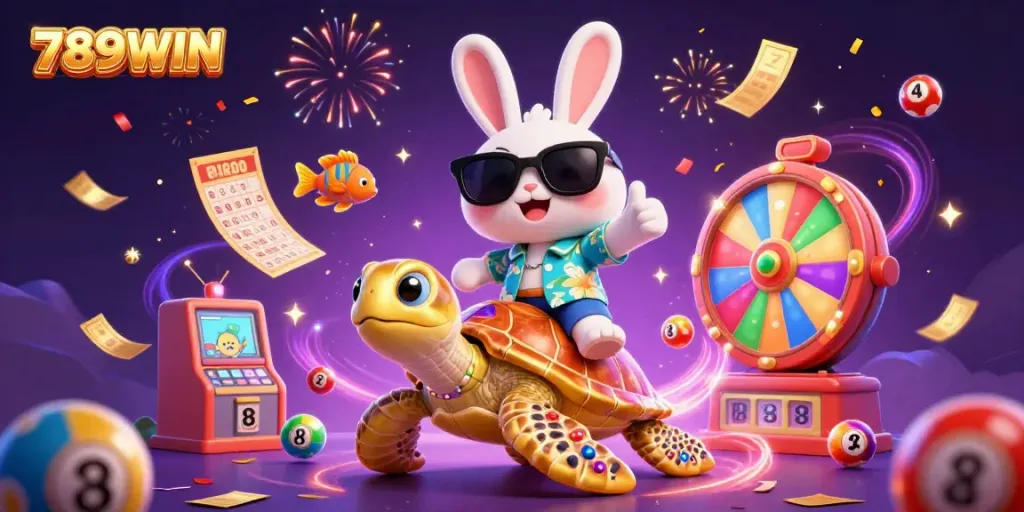Join the adventure at 789WIN with a lucky rabbit and golden turtle celebrating lottery wins in vibrant 3D!