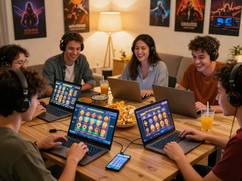 Exciting group of friends enjoying situs slot777 gaming experience together in a cozy setting.