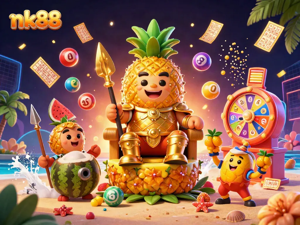 Engage with the vibrant world of nk88 at this lively beach casino featuring a golden pineapple king.